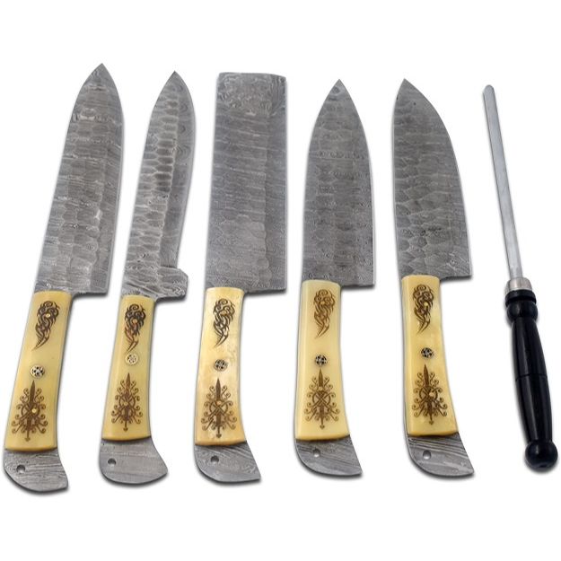 Professional Kitchen Knives Custom Made Damascus Steel 5 pcs of