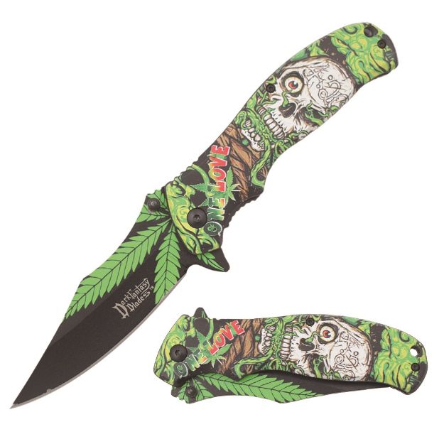 Fantasy Gothic Skull Flame Cross Spring Assisted Opening Knife - Gold