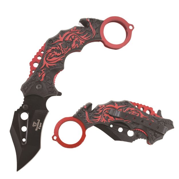 Karambit Tactical Spring Assist Knife With Finger Ring - Red