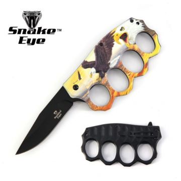 Action Assisted Knuckle Knife 4.5" Eagle Printed Handle with Clip