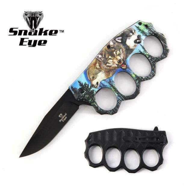 Action Assisted Knuckle Knife 4.5" WOLF Printed Handle with Clip