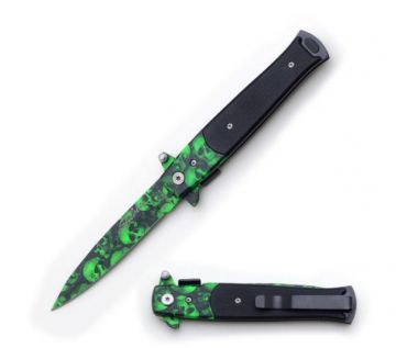 Stiletto Style Folding  Knife Green Skull Camo 5" Closed