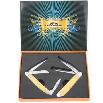 Old Ram Manual Folding Knife Set Yellow Plastic Handle