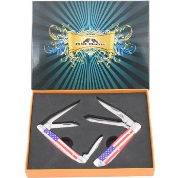Old Ram Manual Folding Knife Set USA Flag Handle