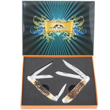 Old Ram Manual Folding Knife Set Faux Stag Handle OR-5297SET