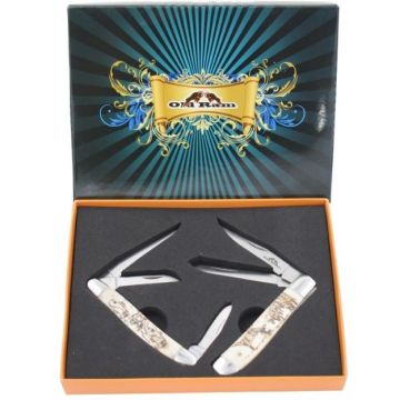 Old Ram Manual Folding Knife Set Real Bone Handle