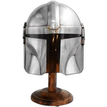Medieval Warrior Mandalorian-Style Steel Helmet – Wearable with Wooden Stand