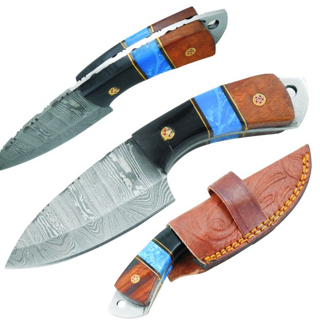 Old Ram Handmade Real Damascus Steel Blade Hunting Knife Resin and Wood Handle
