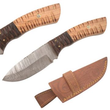 Old Ram Handmade Real Damascus Hunting Knife Brown Wood Handle
