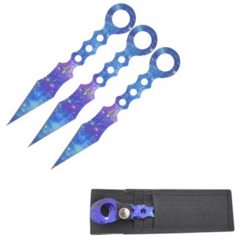 3PC 8 Blue Tactical Ninja Combat Ninjutsu Kunai Throwing Knife Set + Case