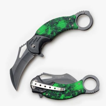 Karambit Style Spring Assist Knife 5" Closed Green Skull Handle