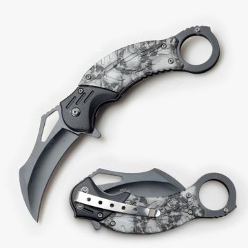 Karambit Style Spring Assist Knife 5" Closed Grey Skull Handle