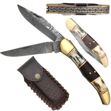 Wild Turkey Handmade Damascus 2 Blade Filework 5" Folder W/Case