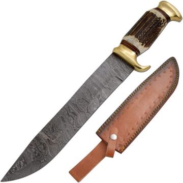 Wild Turkey Handmade Real Damascus Full Tang Hunting Knife Stag