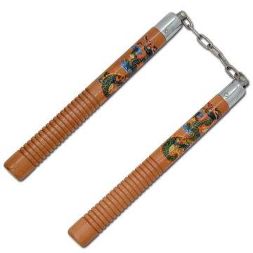 12" Natural Wood Nunchaku with Dragon Graphics