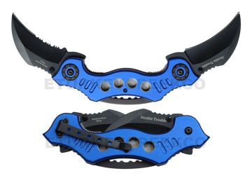 Double Trouble Karambit Action Assist Knife 4.5" Closed Blue