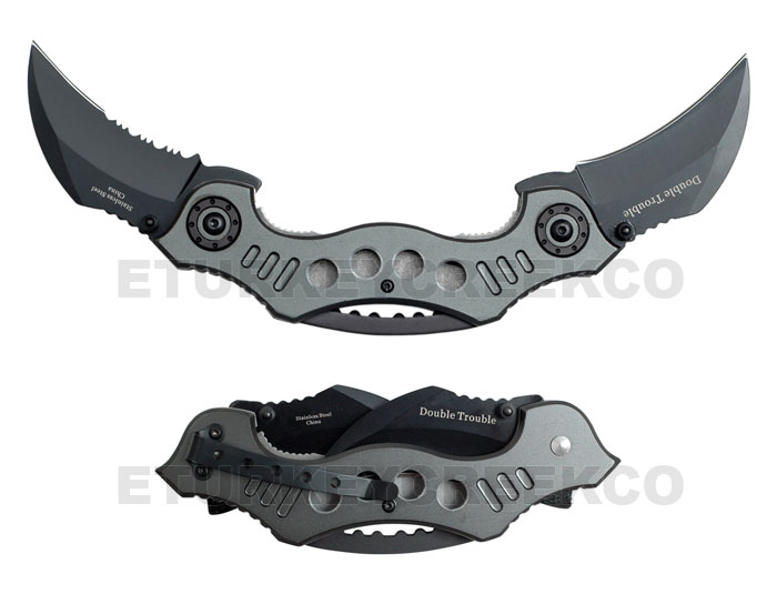 Double Trouble Karambit Action Assist Knife 4.5" Closed Grey