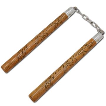 12" Lacquered Wood Nunchaku with Carved Dragon Design SE-1001-EDR