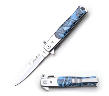 Snake Eye Tactical  Stiletto Folding Knife- Sky Blue Handle 5"