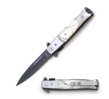 Stiletto Style Folding t knife W/ White Pearl Handle
