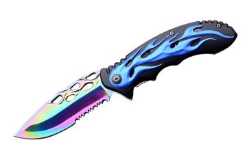 Flames Biker Design Spring Assist Pocket Knife SE-939BL