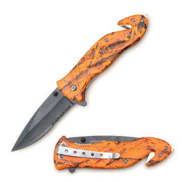 Rescue Style Spring Assist Knife 4.5" Closed W/Clip Orange Camo