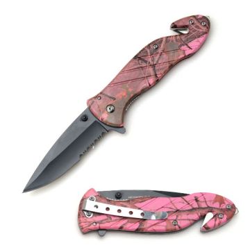 Rescue Style Spring Assist Knife 4.5" Closed with Clip Pink Camo