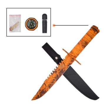 Survival Knife 15" Overall W/Case & Survival Kit. Orange Camo