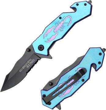 " Scorpion Sting " Rescue Style Action Assist Knife Black Blue - SE-901BL