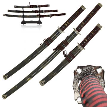 Snake Eye Tactical 3-Piece Samurai Katana Set — Traditional Black & Flame SE-58-B4