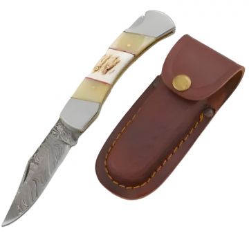 Wild Turkey Handmade 9" Damascus Folding Knife – Bone & Stag with Silver Bolsters