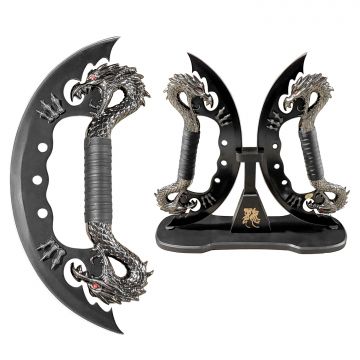 Dual Fantasy Dragon Crescent Hand Blades Set with Tabletop Display Stand HK-3208