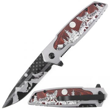 Snake Eye Tactical " Howling Wolves & Moon Design " Spring Assist Knife - SE-5391-3
