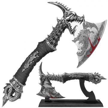 Snake Eye Tactical Fantasy Silver Dragon Battle Axe with Etched Blade & Display Stand SE-6255SL