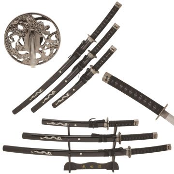 Snake Eye Tactical 3-Piece Japanese Samurai Sword Set with Dragon Saya & Display Stand SE-697B