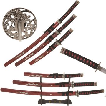 Snake Eye Tactical 3-Piece Japanese Samurai Sword Set with Dragon Saya & Display Stand SE-697R