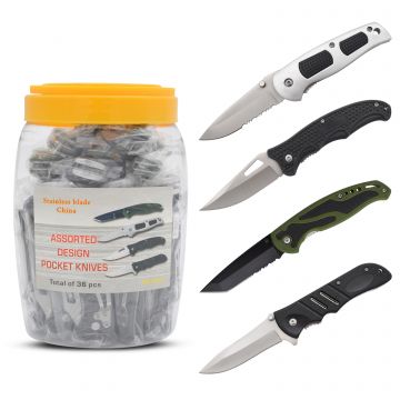 36 Pcs Mixed Folding Knife In A Jar