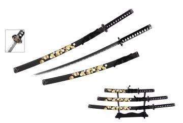 Snake Eye Tactical 3-Piece Samurai Sword Set With Wood Display Stand SW-8001BK4