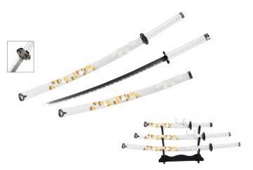 Snake Eye Tactical 3-Piece Samurai Sword Set With Wood Display Stand SW-8001WH4