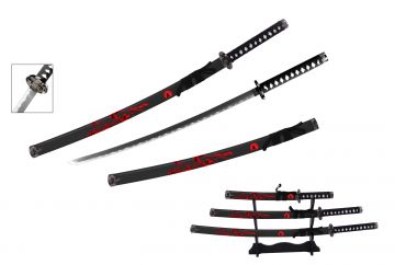 Snake Eye Tactical 3-Piece Samurai Sword Set With Wood Display Stand SW-8002BK4
