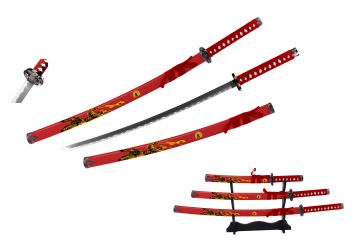 Snake Eye Tactical 3-Piece Samurai Sword Set With Wood Display Stand SW-8002RD4