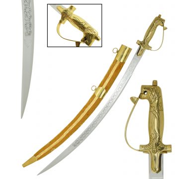 Medieval Warrior Indian Ornamental Talwar Sabre with Brass Lion Hilt & Brown Velvet Scabbard