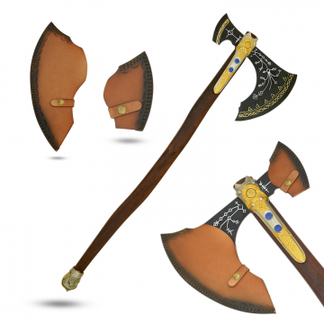 Medieval Warrior Fantasy Viking Battle Axe — Ornate Gold-Inlay Fantasy Tomahawk