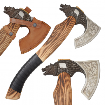 Medieval Warrior Bearded Viking Dragon Axe — Floral Laser-Etched Blade & Leather Sheath