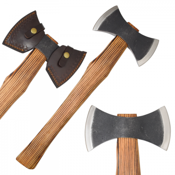 Medieval Warrior Double-Bit Camp Axe — Hand-Forged Style with Flame-Seared Hardwood Handle