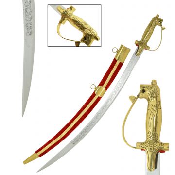 Medieval Warrior Indian Ornamental Talwar Sabre with Brass Lion Hilt & Red Velvet Scabbard SD-102AR