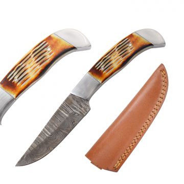 Wild Turkey Handmade Damascus Burned Bone Fixed Blade Knife DM-769