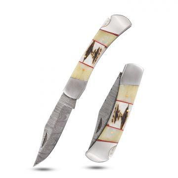 Wild Turkey Handmade 9" Damascus Folding Knife – Bone & Stag with Silver Bolsters