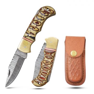 Wild Turkey Handmade 6.5" Damascus Folding Knife – Wood & Gold Bolster DM-OR-558W
