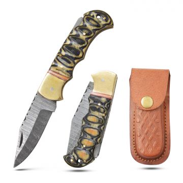 Wild Turkey Handmade 6.5" Damascus Folding Knife – Wood & Gold Bolster DM-OR-558B